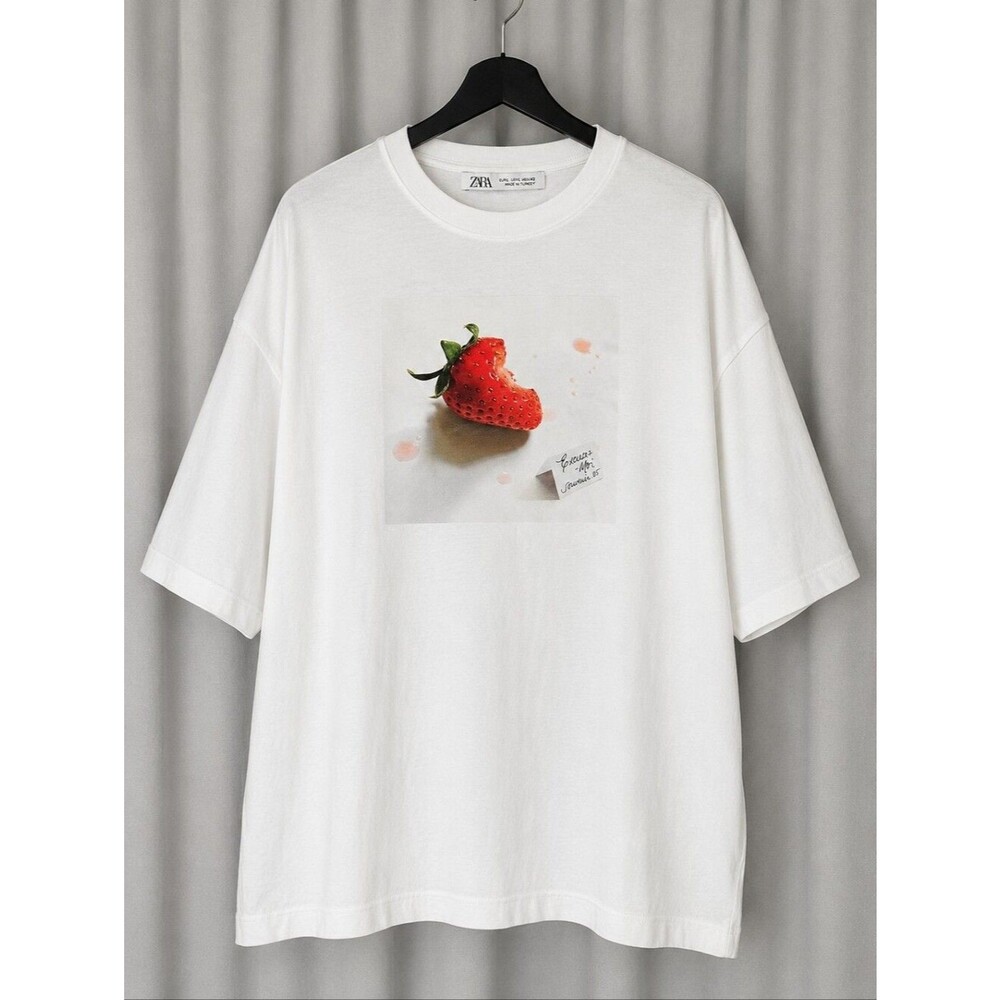 Zara White Cotton Graphic Strawberry Fruit Print Excusez Moi Oversized Tee Shirt